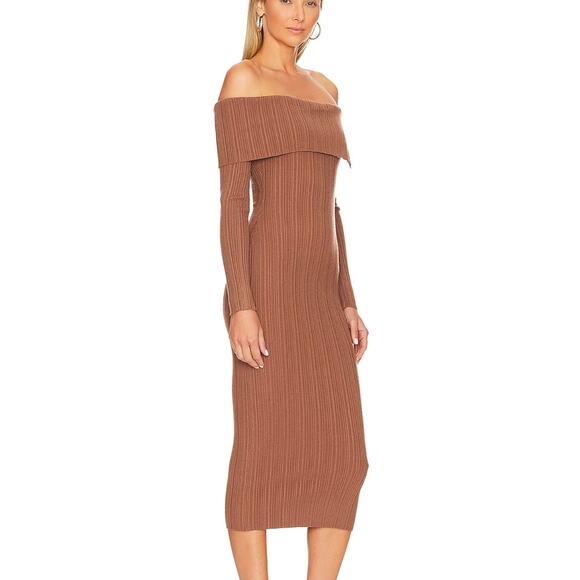 NBD Brown Ribbed Knit Midi Dress XS Off Shoulder Marlow Bodycon Revolve $198 NEW - Picture 2 of 7